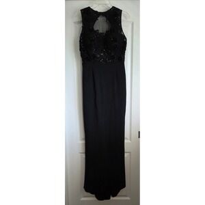 Vintage Black Beaded Lace Top Satin Bottom Formal Maxi Gown Sz M Dynasty Evening